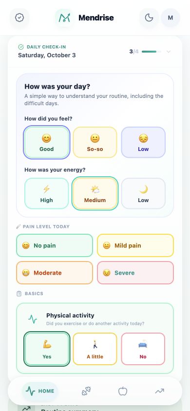Mendrise wellbeing suggestions screen