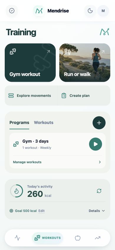 Mendrise workouts screen